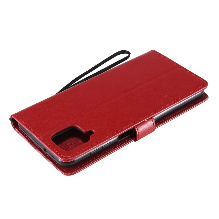 KT Imprinting Flower Series-3 Katze und Baum Prägung Classic Lederbeschichetet TPU Hülle mit Ständer und Geldbörse für Samsung Galaxy A12 - Rot