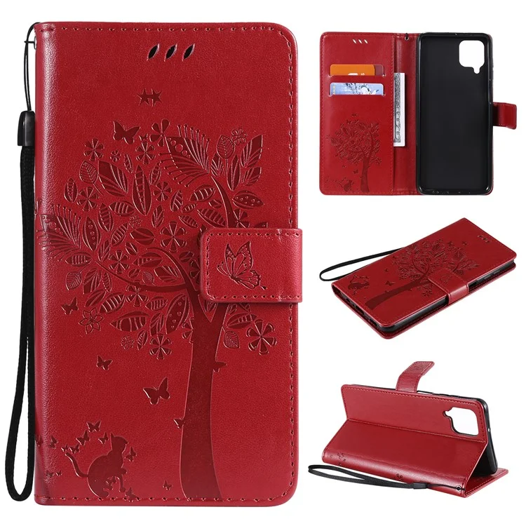 KT Imprinting Flower Series-3 Katze und Baum Prägung Classic Lederbeschichetet TPU Hülle mit Ständer und Geldbörse für Samsung Galaxy A12 - Rot