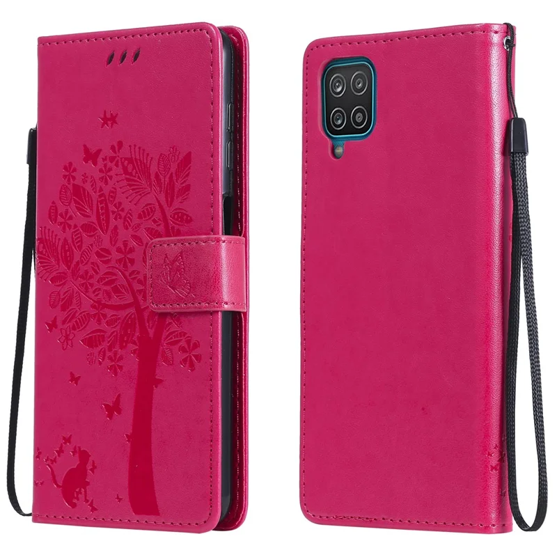 For Samsung Galaxy A12 Phone Case with Stand Cat Tree Pattern Leather Wallet Mobile Cover - Rose