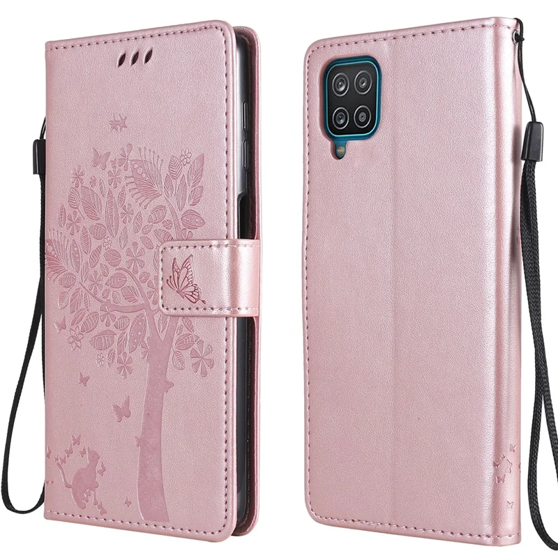 For Samsung Galaxy A12 Phone Case with Stand Cat Tree Pattern Leather Wallet Mobile Cover - Rose Gold