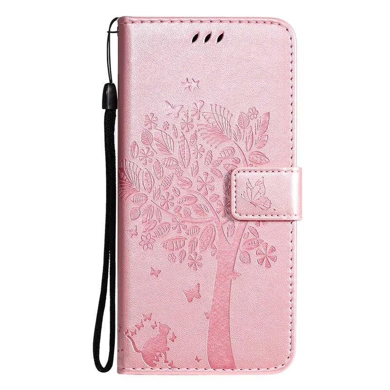 For Samsung Galaxy A12 Phone Case with Stand Cat Tree Pattern Leather Wallet Mobile Cover - Rose Gold