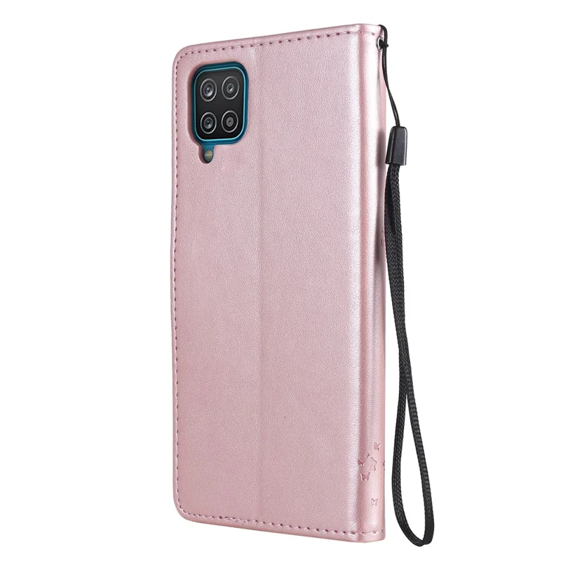 For Samsung Galaxy A12 Phone Case with Stand Cat Tree Pattern Leather Wallet Mobile Cover - Rose Gold