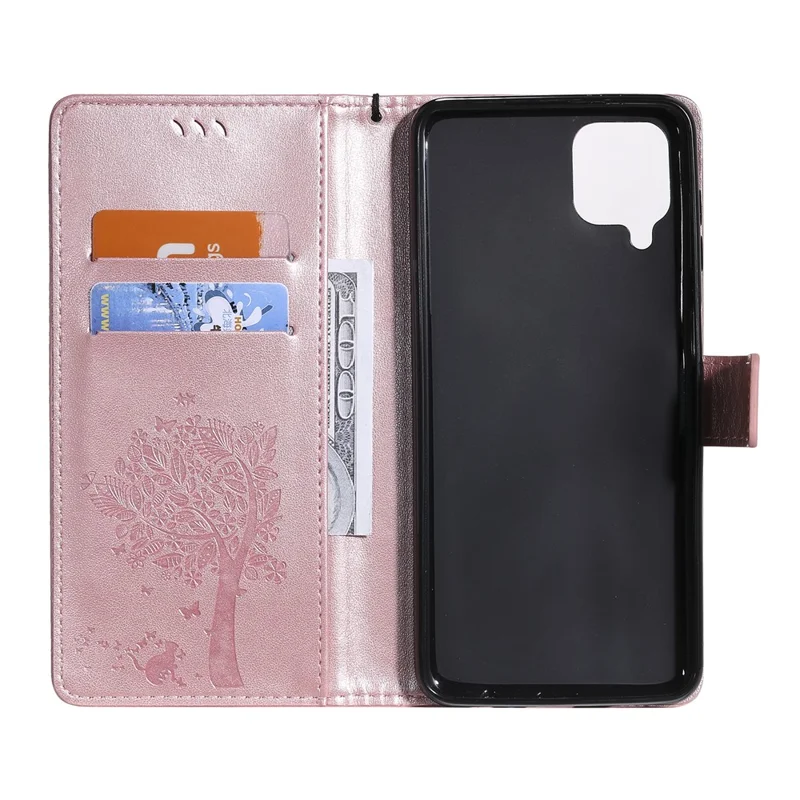 For Samsung Galaxy A12 Phone Case with Stand Cat Tree Pattern Leather Wallet Mobile Cover - Rose Gold