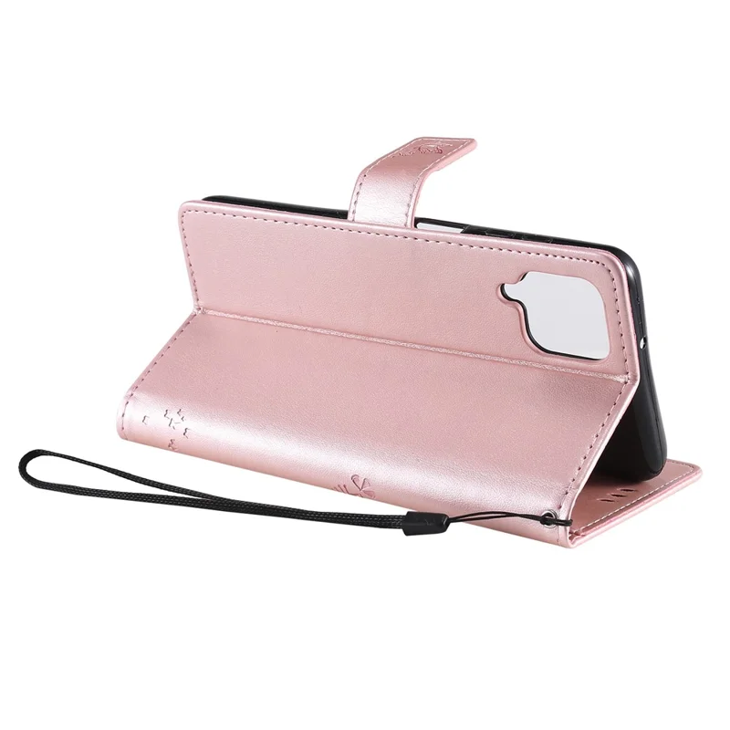 For Samsung Galaxy A12 Phone Case with Stand Cat Tree Pattern Leather Wallet Mobile Cover - Rose Gold