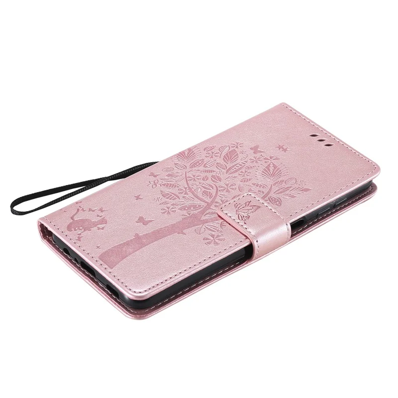For Samsung Galaxy A12 Phone Case with Stand Cat Tree Pattern Leather Wallet Mobile Cover - Rose Gold
