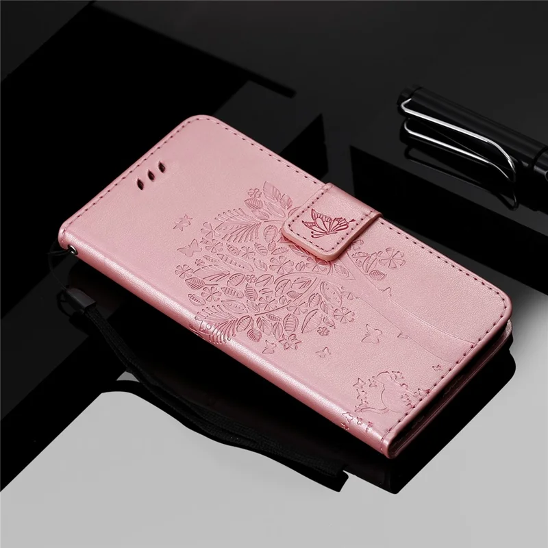 For Samsung Galaxy A12 Phone Case with Stand Cat Tree Pattern Leather Wallet Mobile Cover - Rose Gold