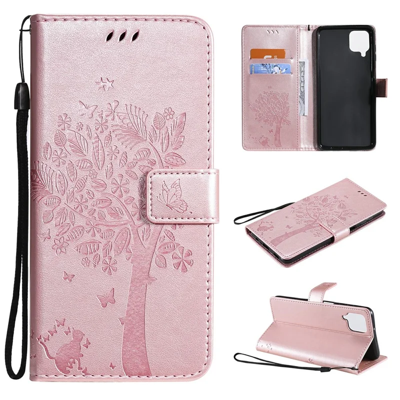 For Samsung Galaxy A12 Phone Case with Stand Cat Tree Pattern Leather Wallet Mobile Cover - Rose Gold