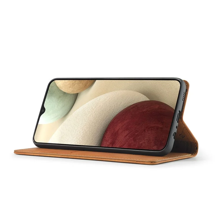 Lc. Billetera de Cuero Imeeke Stand Sólida Caja de Caparazón de Protección de Teléfono Magnético Para Samsung Galaxy A22 4G (versión de la Ue) - Marrón
