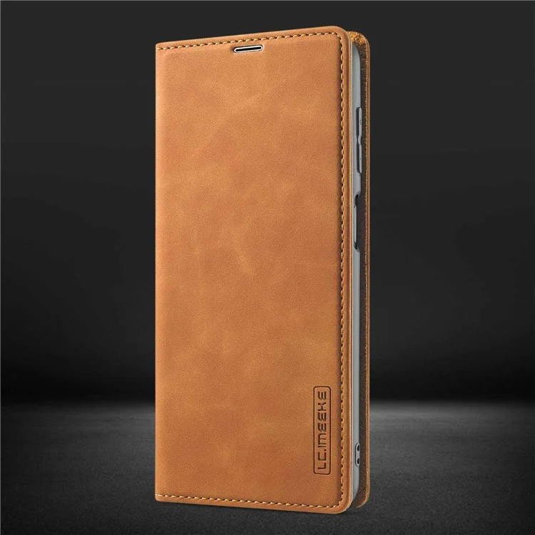 Lc. Billetera de Cuero Imeeke Stand Sólida Caja de Caparazón de Protección de Teléfono Magnético Para Samsung Galaxy A22 4G (versión de la Ue) - Marrón