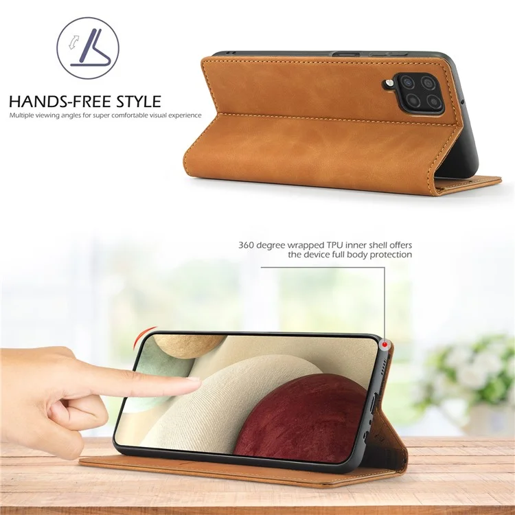 Lc. Billetera de Cuero Imeeke Stand Sólida Caja de Caparazón de Protección de Teléfono Magnético Para Samsung Galaxy A22 4G (versión de la Ue) - Marrón