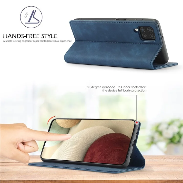 LC.IMEEKE Leather Wallet Stand Strong Magnetic Phone Protective Shell Case for Samsung Galaxy A22 4G (EU Version) - Blue
