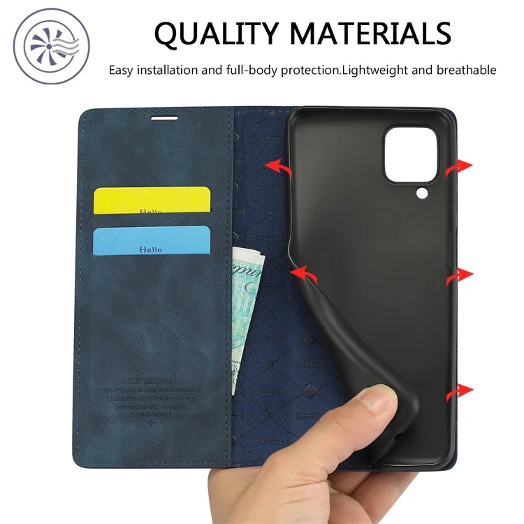 LC.IMEEKE Leather Wallet Stand Strong Magnetic Phone Protective Shell Case for Samsung Galaxy A22 4G (EU Version) - Blue