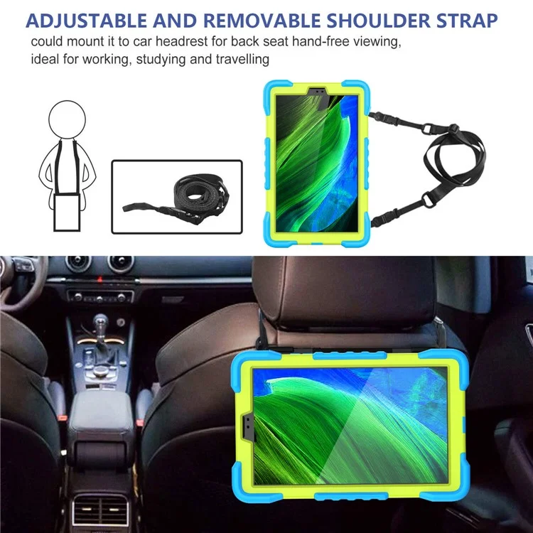 360 Degree Rotation Kickstand PC + Silicone Tablet Case Cover with Shoulder Strap for Samsung Galaxy Tab A7 Lite 8.7-inch - Blue/Grass Green