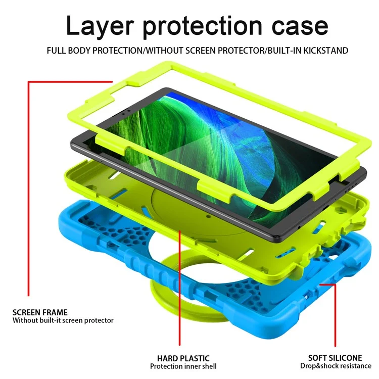 360 Degree Rotation Kickstand PC + Silicone Tablet Case Cover with Shoulder Strap for Samsung Galaxy Tab A7 Lite 8.7-inch - Blue/Grass Green