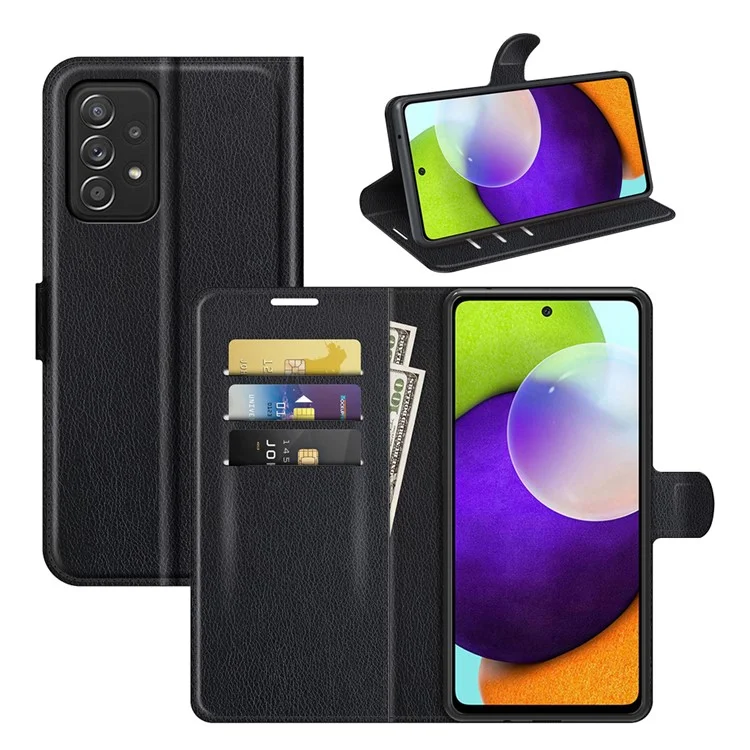 Wallet Design Folio Flip Litchi Textur Schutzweiche PU-Leder Telefon Fall Mit Ständer Für Samsung Galaxy A52S 5G / A52 4G / 5G - Schwarz