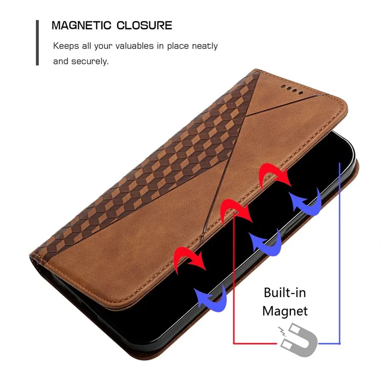 Anti-fall Geometric Pattern Magnetic Leather Phone Case Stand Wallet Cover for Samsung Galaxy A32 5G/M32 5G - Brown
