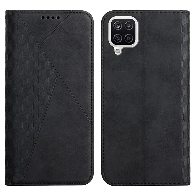 Geometric Pattern Skin-touch Feel Leather Phone Case Stand Wallet Cover for Samsung Galaxy A12 - Black