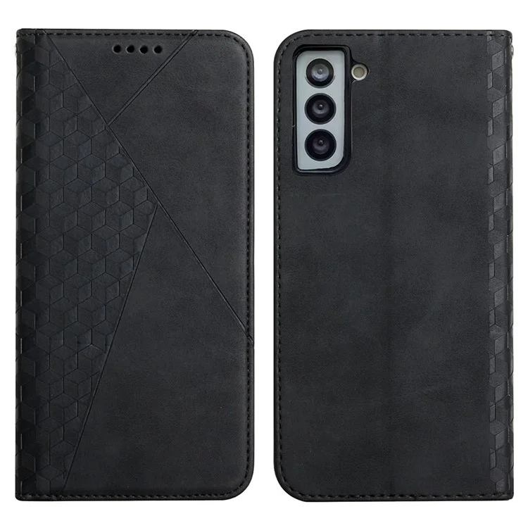 Rhombus Pattern Auto-absorbed Skin-touch Leather Wallet Stand Mobile Phone Cover Case Protector for Samsung Galaxy S21 FE 5G - Black
