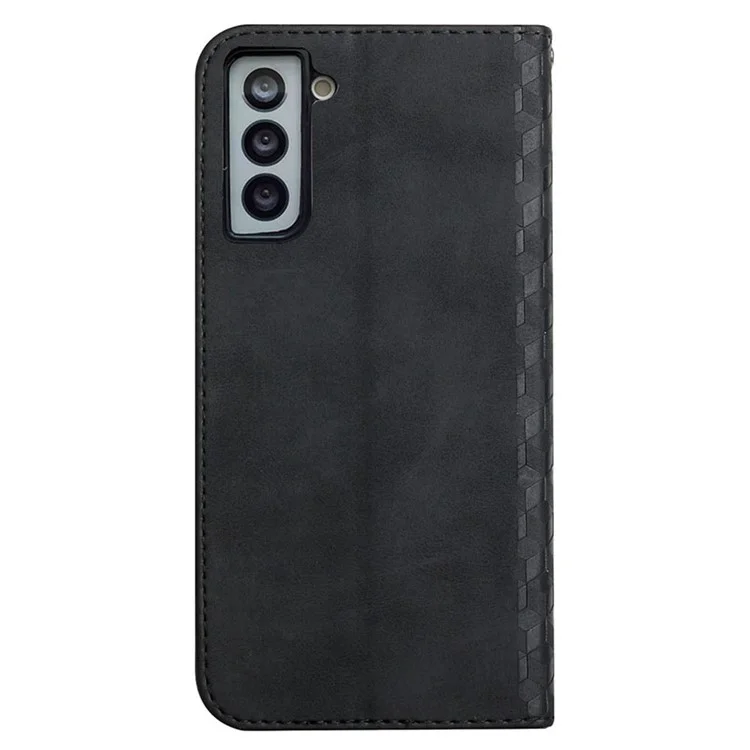 Rhombus Pattern Auto-absorbed Skin-touch Leather Wallet Stand Mobile Phone Cover Case Protector for Samsung Galaxy S21 FE 5G - Black