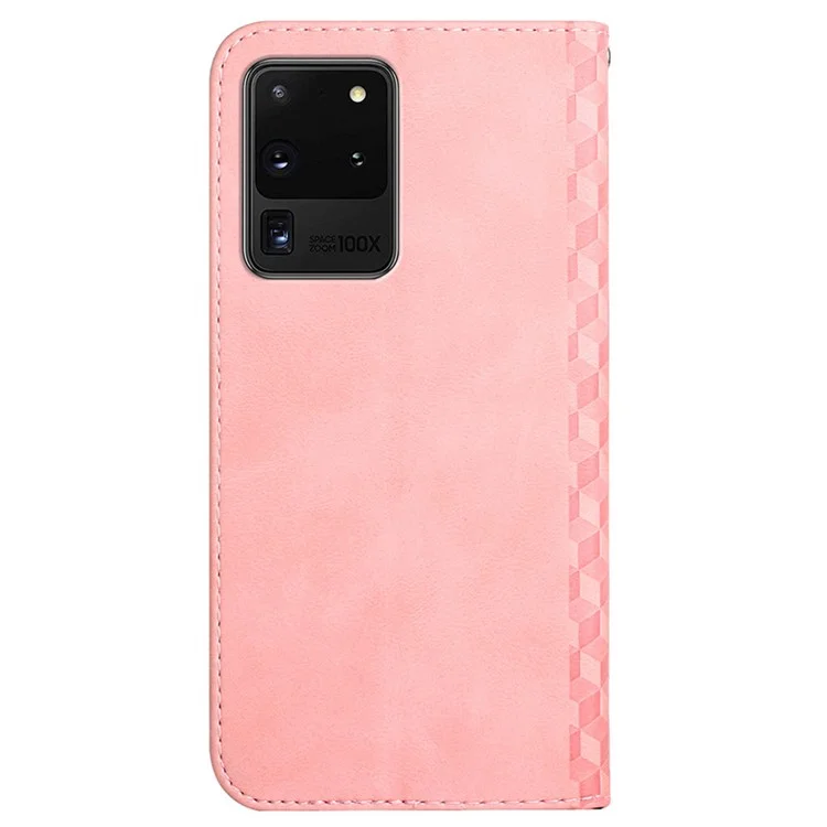 Skin-touch Feel Geometric Pattern Magnetic Absorption Leather Case Stand Wallet Shell for Samsung Galaxy S20 Ultra - Rose Gold