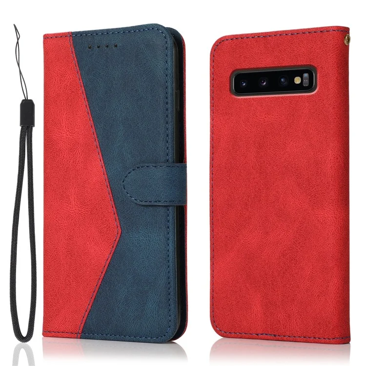 Color Splicing Design Leather Wallet Cell Phone Stand Cover Case with Lanyard for Samsung Galaxy S10 Plus - Red/Blue