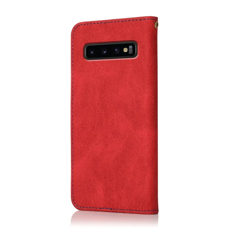 Color Splicing Design Leather Wallet Cell Phone Stand Cover Case with Lanyard for Samsung Galaxy S10 Plus - Red/Blue