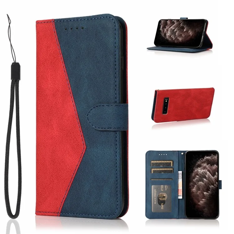 Color Splicing Design Leather Wallet Cell Phone Stand Cover Case with Lanyard for Samsung Galaxy S10 Plus - Red/Blue