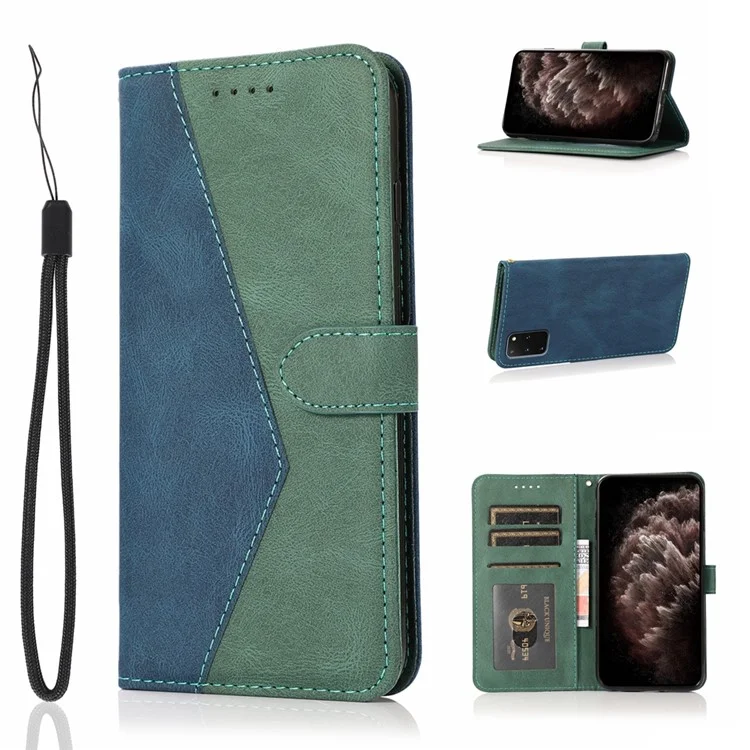 Allrunde Schutz Dual Color Anti-Drop-Wallet-Standdesign-Leder-Telefon-Hülle Mit Praktischem Riemen Für Samsung Galaxy S20 Plus 4G / 5G - Blau Grün