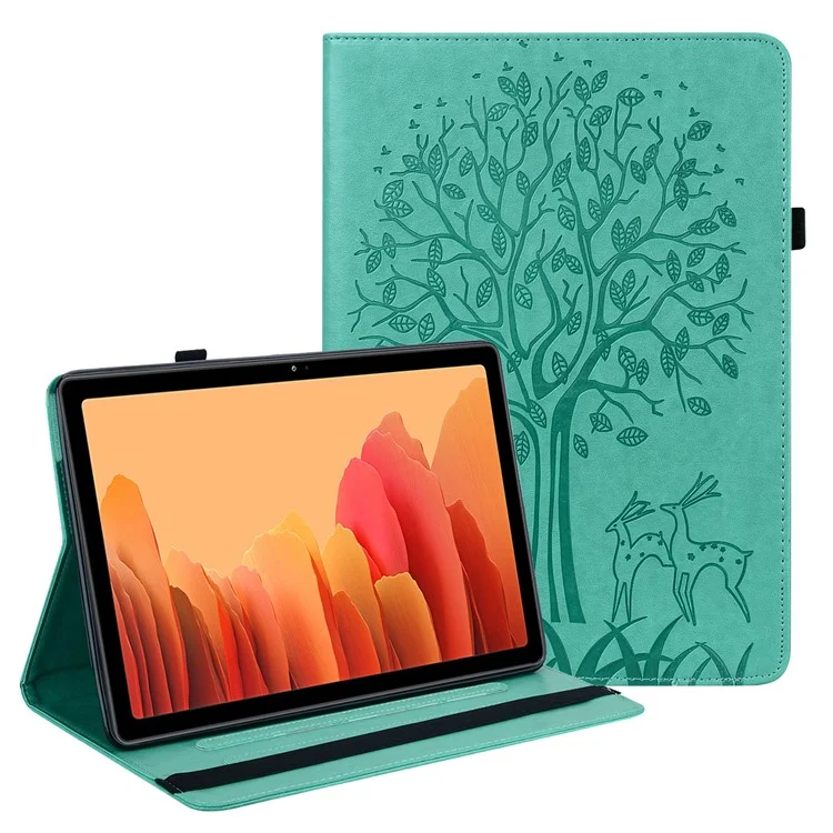 Funda protectora con diseño de soporte para ranuras de tarjetas y patrón estampado de árbol y ciervo para Samsung Galaxy Tab A7 10.4 (2022) / (2020) - Verde