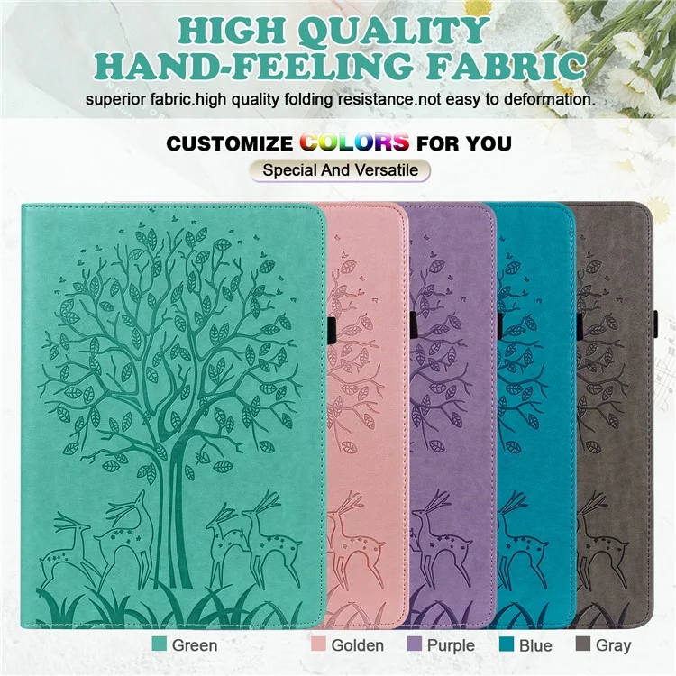 Ranuras de la Tarjeta Diseño de Soporte de Tableta Cubierta Protectora Con un Árbol Impreso y Patrón de Ciervos Para Samsung Galaxy Tab A7 10.4 (2020) - Verde