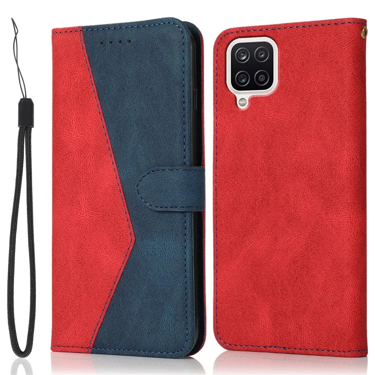 Carteira de Couro de Splicing Bicolor para Samsung Galaxy A12 - Vermelho/Azul