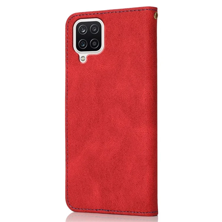 Carteira de Couro de Splicing Bicolor para Samsung Galaxy A12 - Vermelho/Azul