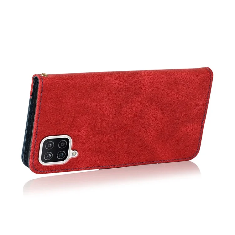Carteira de Couro de Splicing Bicolor para Samsung Galaxy A12 - Vermelho/Azul