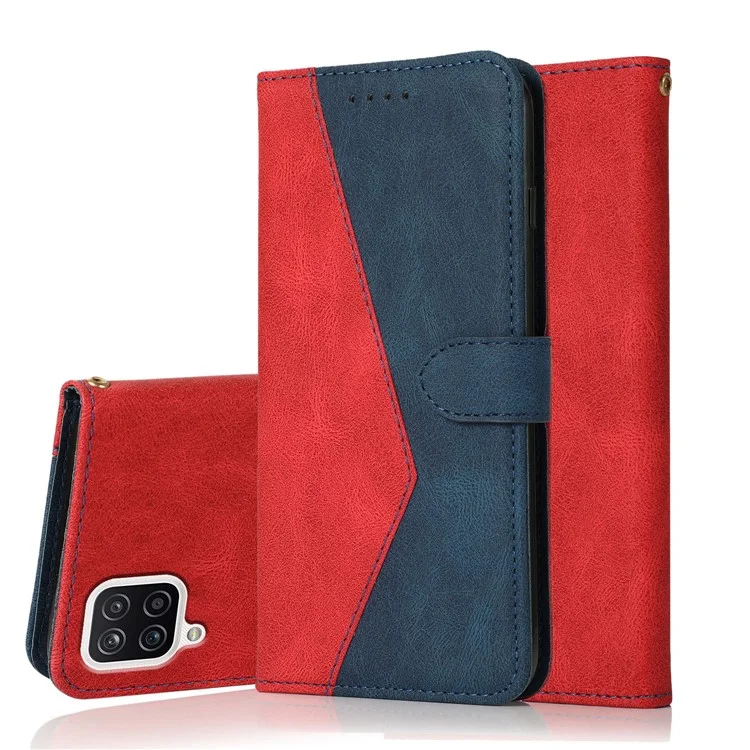 Carteira de Couro de Splicing Bicolor para Samsung Galaxy A12 - Vermelho/Azul