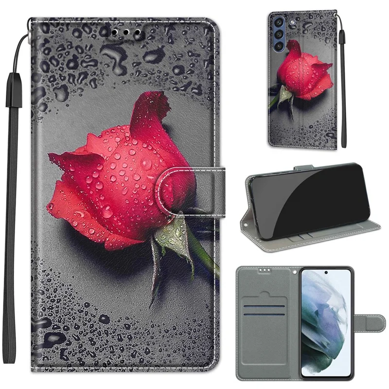 Pattern Printing Design Anti-Drop Handy Strap Leather Cover Phone Case with Stand for Samsung Galaxy S21 FE 5G - Rose