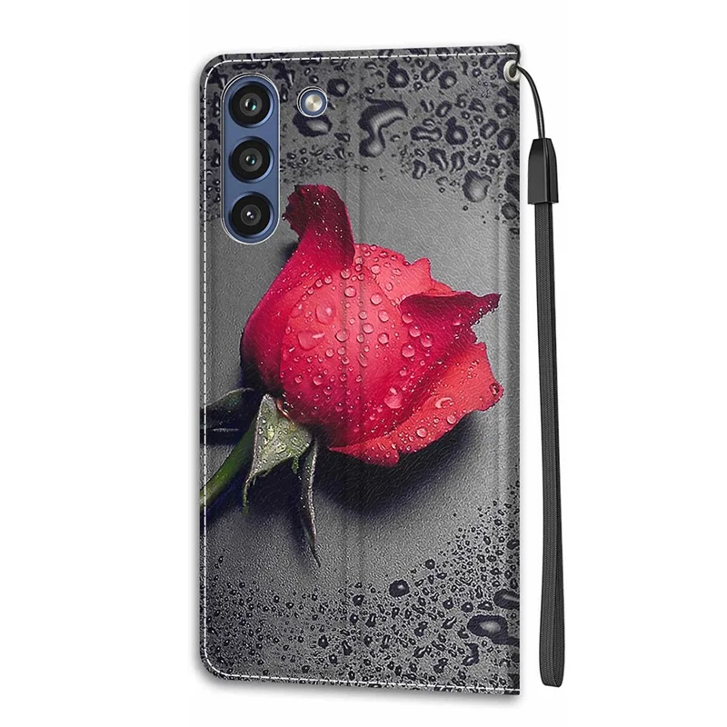 Pattern Printing Design Anti-Drop Handy Strap Leather Cover Phone Case with Stand for Samsung Galaxy S21 FE 5G - Rose