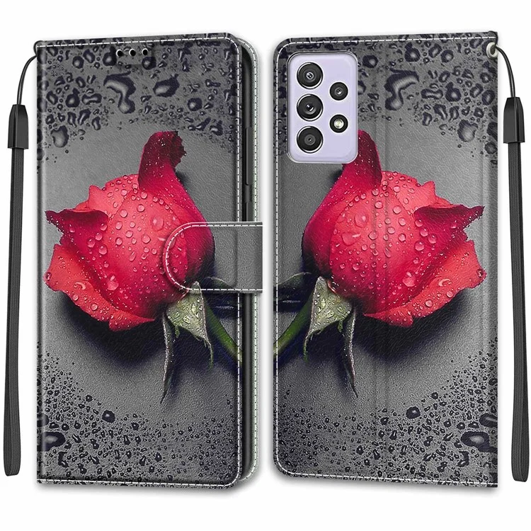 Étui de téléphone à motif d'impression Conception Anti-Drop Sangle pratique en cuir avec support pour Samsung Galaxy A52 4G/5G/A52s 5G - Rose