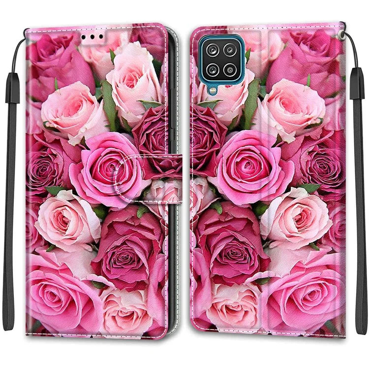 Pattern Impresión de la Cubierta de Cuero Con Ranuras Para Tarjetas y Estuche de Cordón Para Samsung Galaxy A12 - Flor Rosa