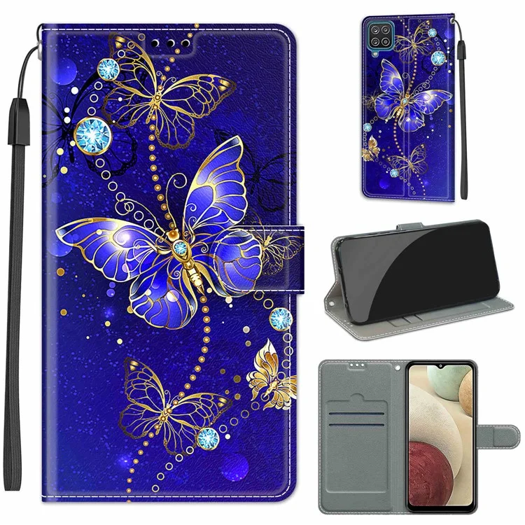 Funda Tipo Libro con Estampado de Patrón, Ranuras para Tarjetas y Soporte de Cordón para Samsung Galaxy A12 - Púrpura/Mariposa