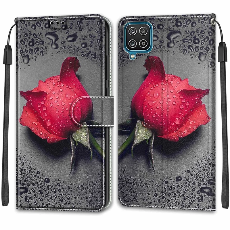 Pattern Printing Leather Flip Cover with Card Slots and Lanyard Stand Case for Samsung Galaxy A12 - Flower