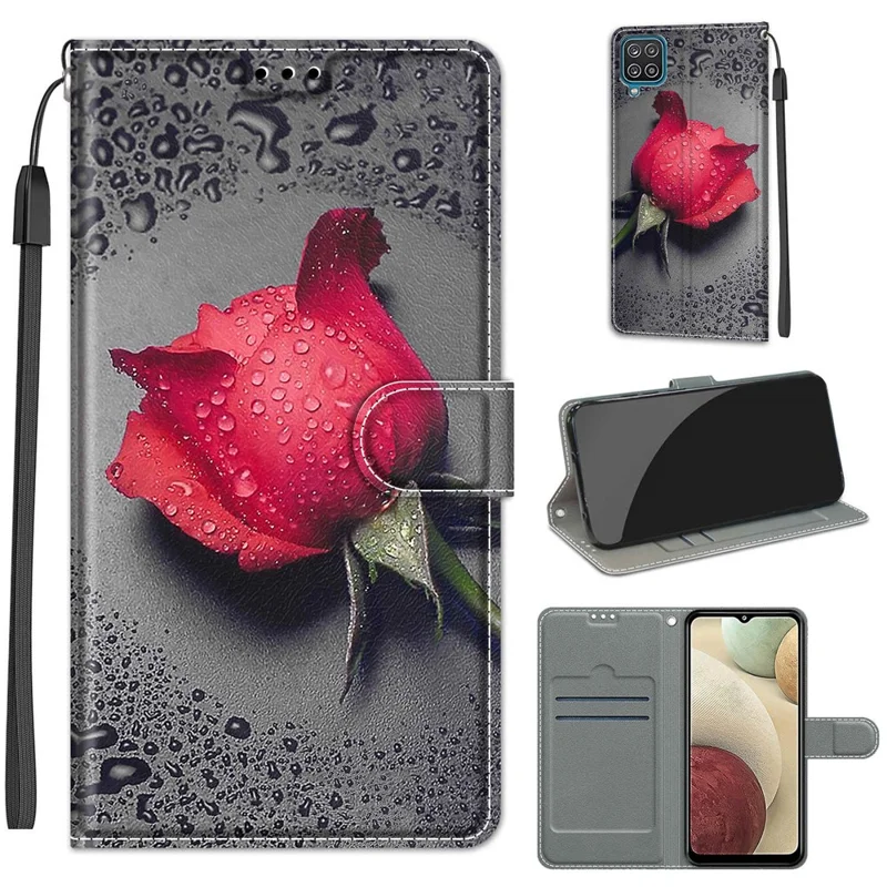 Pattern Printing Leather Flip Cover with Card Slots and Lanyard Stand Case for Samsung Galaxy A12 - Flower