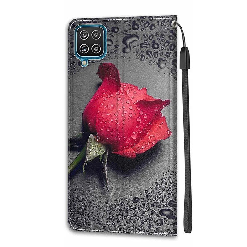 Pattern Printing Leather Flip Cover with Card Slots and Lanyard Stand Case for Samsung Galaxy A12 - Flower
