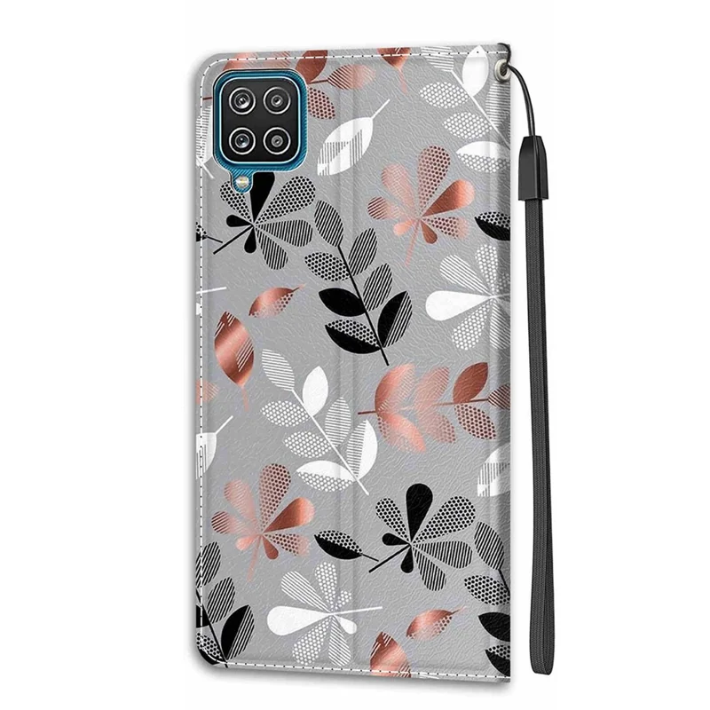 Pattern Printing Leather Flip Cover with Card Slots and Lanyard Stand Case for Samsung Galaxy A12 - Leaf