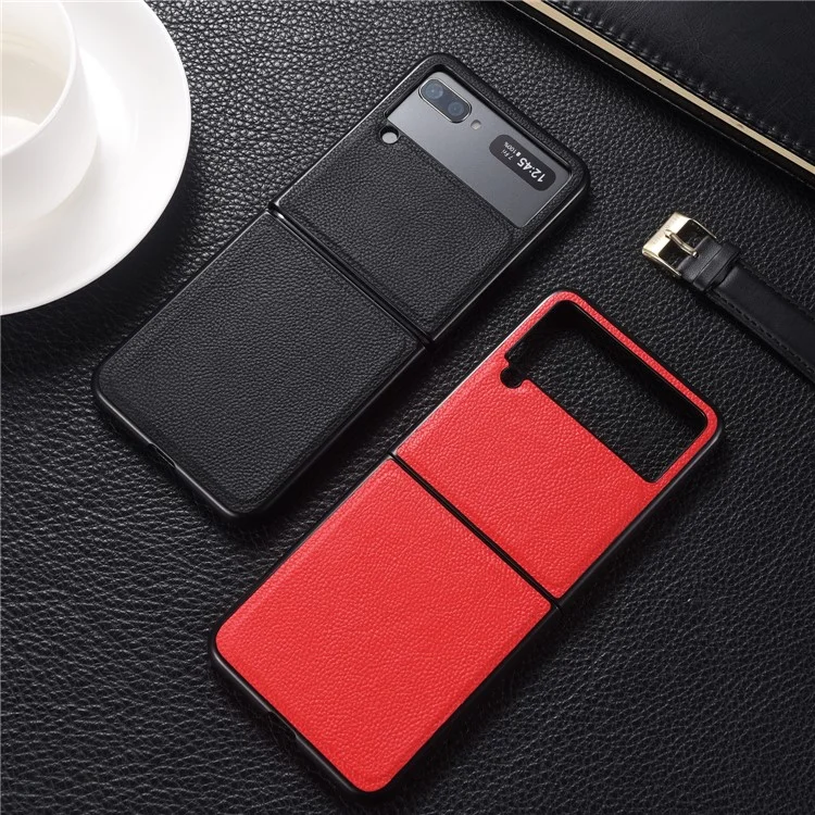 Top Layer Genuine Leather PC Phone Case Shell 2 Pieces Design for Samsung Galaxy Z Flip3 5G - Black