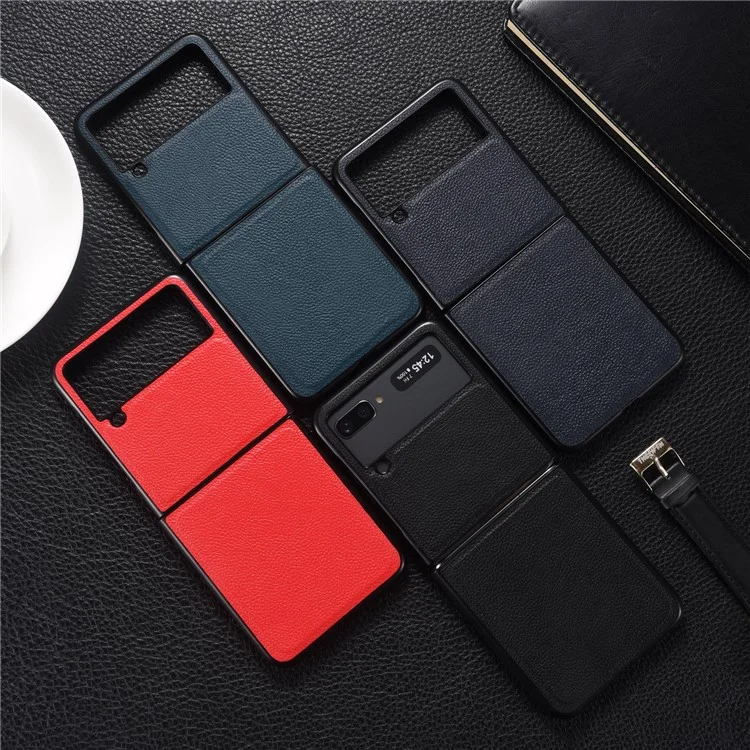 Top Layer Genuine Leather PC Phone Case Shell 2 Pieces Design for Samsung Galaxy Z Flip3 5G - Black