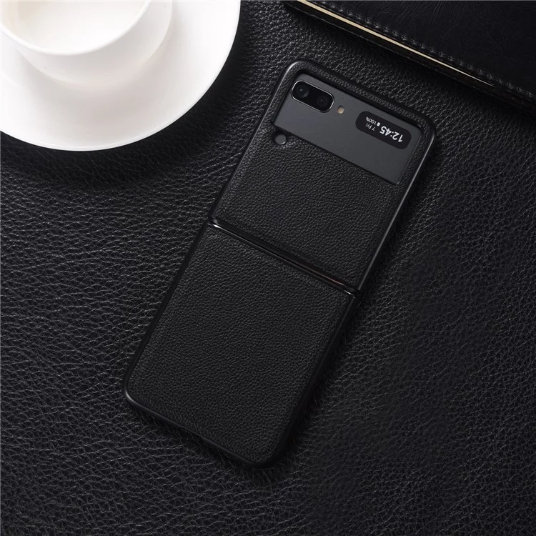 Top Layer Genuine Leather PC Phone Case Shell 2 Pieces Design for Samsung Galaxy Z Flip3 5G - Black