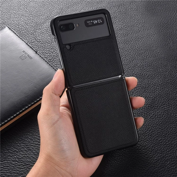 Top Layer Genuine Leather PC Phone Case Shell 2 Pieces Design for Samsung Galaxy Z Flip3 5G - Black