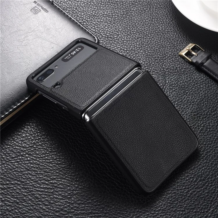 Top Layer Genuine Leather PC Phone Case Shell 2 Pieces Design for Samsung Galaxy Z Flip3 5G - Black