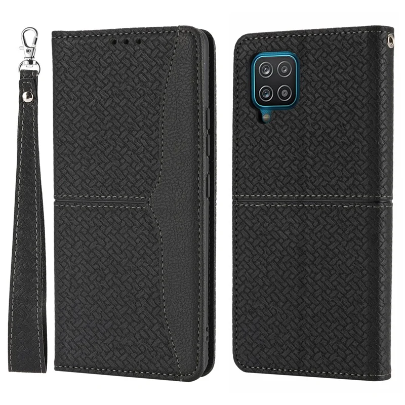 Woven Texture Wallet Stand Auto-Absorbed Leather Case with Handy Strap for Samsung Galaxy A12 - Black