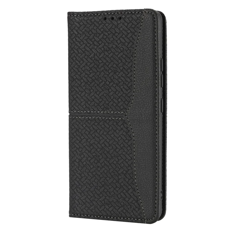 Woven Texture Wallet Stand Auto-Absorbed Leather Case with Handy Strap for Samsung Galaxy A12 - Black